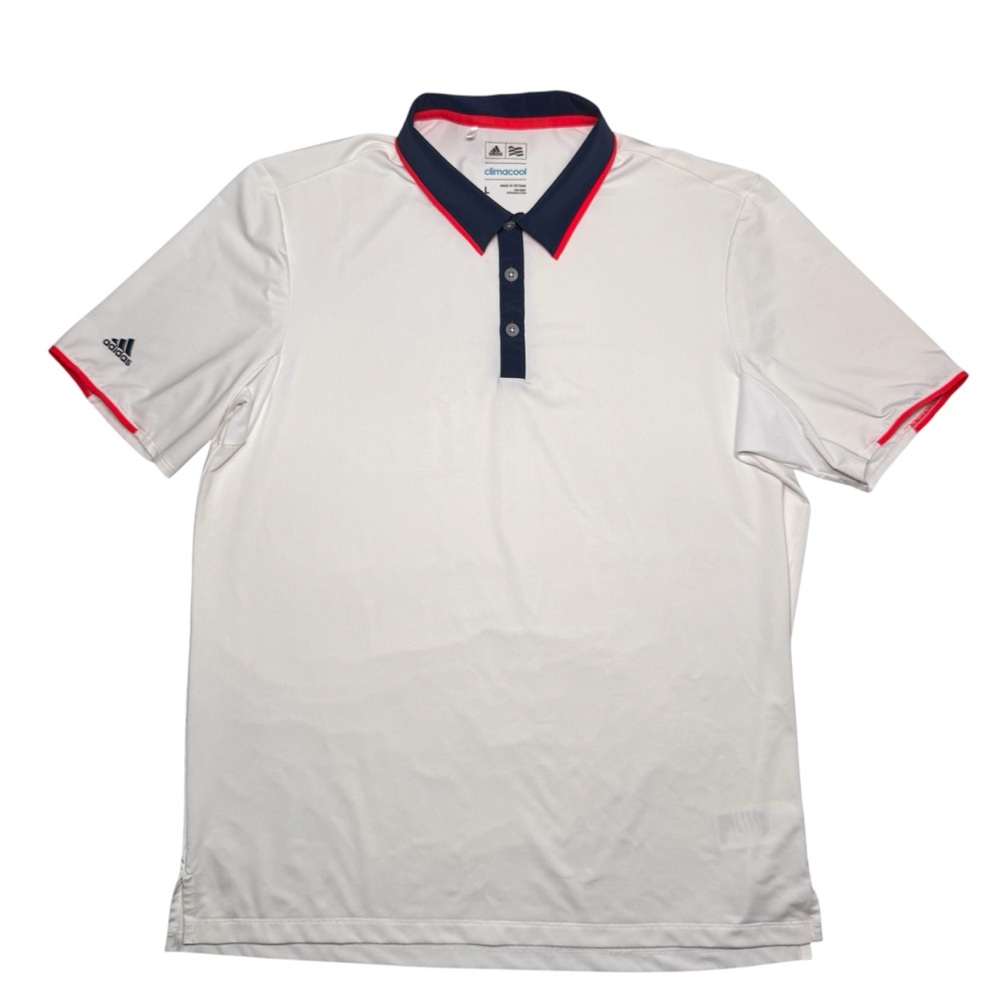 Adidas ClimaCool Vented Golf Polo Shirt Men's Size Large White/Navy/Pink Accents